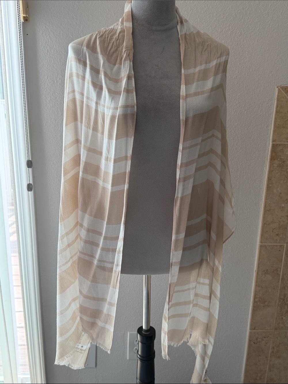 kate spade Beige and White Striped Scarf with Gold logo Stamp and Frayed Hem